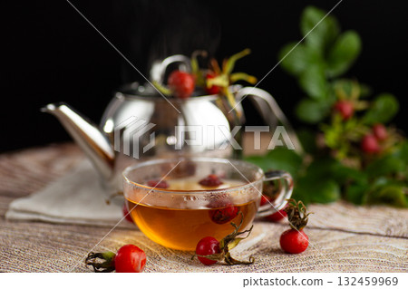 hot medicinal rosehip tea in a cup 132459969