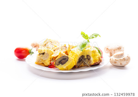 Fluffy baked omelet with cauliflower and fresh mushroom filling Fluffy baked omelet with cauliflower and fresh mushroom filling 132459978