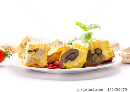 Healthy vegetarian meal with omelet mushrooms and cauliflower 132459979