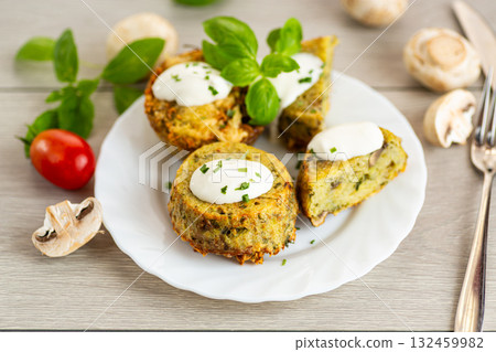 Homemade potato muffins with mushrooms and sour cream topping Homemade potato muffins with mushrooms and sour cream topping 132459982