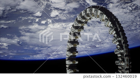 A futuristic structure orbits Earth, showcasing intricate design and engineering. The view emphasizes the beauty of Earth below, set against the vastness of space. A futuristic structure orbits Earth, showcasing intricate design and engineering. The view emphasizes the beauty of Earth below, set against the vastness of space. 132460019