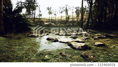 A serene oasis reveals itself with emerald waters reflecting golden sunlight. Tall palm trees sway gently, creating a peaceful retreat amidst natural beauty. A serene oasis reveals itself with emerald waters reflecting golden sunlight. Tall palm trees sway gently, creating a peaceful retreat amidst natural beauty. 132460059
