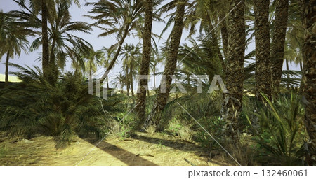 Vibrant palm trees create a serene oasis, their fronds dancing in the gentle breeze. Sunlight filters through the foliage, casting playful shadows on the ground, inviting exploration. Vibrant palm trees create a serene oasis, their fronds dancing in the gentle breeze. Sunlight filters through the foliage, casting playful shadows on the ground, inviting exploration. 132460061