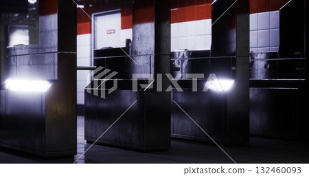 Turnstiles are quietly illuminated in a subway station, with sleek shapes creating a modern urban ambiance. The surroundings suggest a late night atmosphere with few people around. Turnstiles are quietly illuminated in a subway station, with sleek shapes creating a modern urban ambiance. The surroundings suggest a late night atmosphere with few people around. 132460093