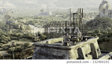 Overgrown vegetation surrounds a dilapidated communication outpost perched on a rocky terrain. Towers and satellite dishes rise ominously in the misty background, hinting at a lost era. 132460101