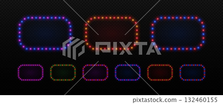 Neon light rectangle frame with retro bulbs for cinema, casino and circus advertising. Vector border set with led glow of lamps. Neon light rectangle frame with retro bulbs for cinema, casino and circus advertising. Vector border set with led glow of lamps. 132460155