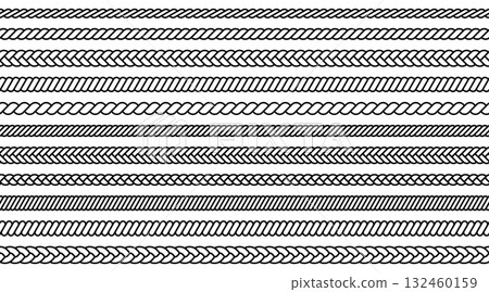 Rope line pattern. Knitted cord from braid. Nautical vintage cable. Stripes with ornaments for decorating designer templates. 132460159