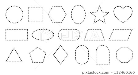 Dash line borders. Dotted outlines of squares, circles, and rectangles. Patch frames with stitches. 132460160