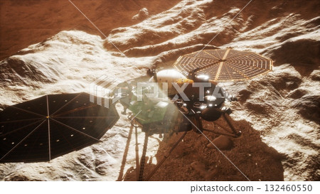 Precision instruments on the Mars lander collect data about the planets geology and climate while solar panels harness sunlight for energy in this otherworldly environment. 132460550