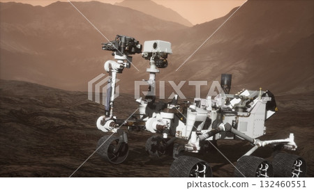 Curiosity rover navigates the rugged terrain of Mars, gathering vital data and imagery in its quest to uncover the secrets of the Red Planets geological history and potential life. 132460551
