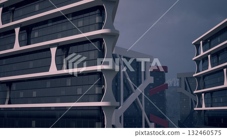 A futuristic cityscape features a tall building with a multitude of windows on its facade. A futuristic cityscape features a tall building with a multitude of windows on its facade. 132460575