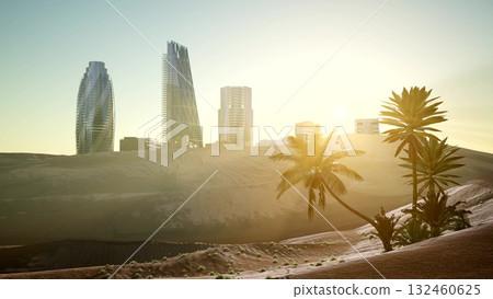 Skyscrapers shining in golden light contrast the serene, sandy landscape. Palm trees sway gently, creating a blend of urban and natural beauty at dusk in the desert. Skyscrapers shining in golden light contrast the serene, sandy landscape. Palm trees sway gently, creating a blend of urban and natural beauty at dusk in the desert. 132460625
