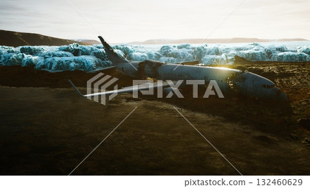 A grounded aircraft lies in stark contrast to the brilliant icy formations nearby. The setting sun casts a warm glow, illuminating the wreckage amidst a dramatically cold backdrop. A grounded aircraft lies in stark contrast to the brilliant icy formations nearby. The setting sun casts a warm glow, illuminating the wreckage amidst a dramatically cold backdrop. 132460629