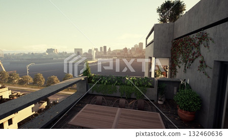 A balcony adorned with a table offering a scenic city view. 132460636