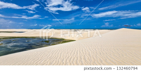 Buggy tour in the lagoon on the Funil Dune, Tatajuba Beach at Camocim, Jericoacoara, Ceara in Brazil 132460794