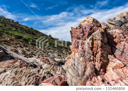 Trail along the coast and beaches from Jericoacoara to Pedra Furada in Ceara State, Brazil. 132460808