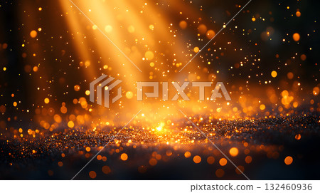 Light rays and glowing bokeh over warm tones. Perfect for celebration, luxury branding, or elegant visual backgrounds. 132460936