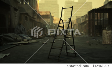 A weathered ladder is positioned in the middle of an abandoned street littered with debris. The surrounding buildings and daylight create a haunting atmosphere, suggesting neglect. A weathered ladder is positioned in the middle of an abandoned street littered with debris. The surrounding buildings and daylight create a haunting atmosphere, suggesting neglect. 132461003
