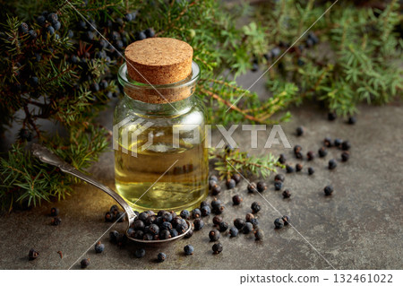 Juniper berry essential oil and branches with fresh berries. Juniper berry essential oil and branches with fresh berries. 132461022