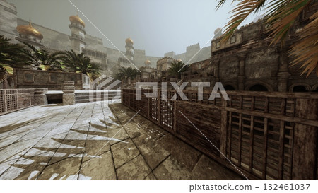 The remnants of a grand ancient city feature ornate buildings and palm trees, showcasing the unique architectural style of the region. The tranquil atmosphere invites exploration. The remnants of a grand ancient city feature ornate buildings and palm trees, showcasing the unique architectural style of the region. The tranquil atmosphere invites exploration. 132461037