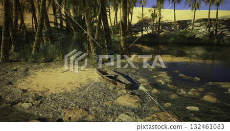 A serene riverbank features a small wooden boat resting near the waters edge. Lush palm trees provide shade, while sandy shores and distant dunes create a tranquil atmosphere at dusk. A serene riverbank features a small wooden boat resting near the waters edge. Lush palm trees provide shade, while sandy shores and distant dunes create a tranquil atmosphere at dusk. 132461083