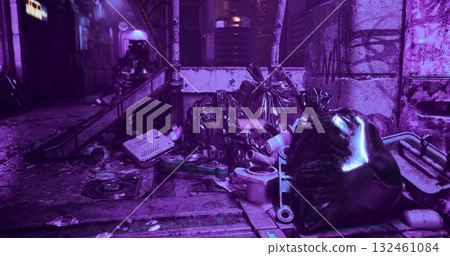 A cluttered urban alleyway, illuminated by purple neon lights, features overflowing trash bags and discarded waste scattered on the ground in a dystopian atmosphere. A cluttered urban alleyway, illuminated by purple neon lights, features overflowing trash bags and discarded waste scattered on the ground in a dystopian atmosphere. 132461084