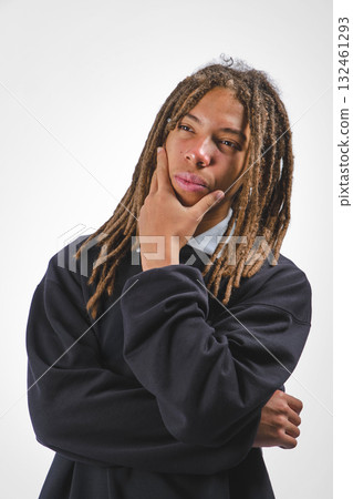 Young man with dreadlocks thinking, contemplating ideas Young man with dreadlocks thinking, contemplating ideas 132461293