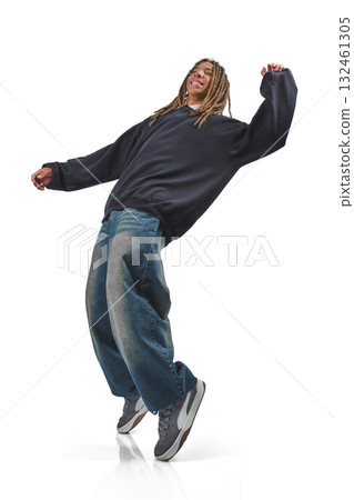 Young man dancing hip hop style making stop gesture 132461305