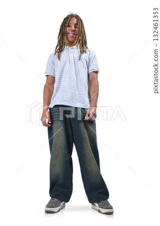Young man with dreadlocks smiling happily against white background 132461353