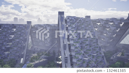 Unique modern buildings designed with greenery integrated into the structure. Located in an urban setting, sunlight reflects off the architectural surfaces under a partly cloudy sky. Unique modern buildings designed with greenery integrated into the structure. Located in an urban setting, sunlight reflects off the architectural surfaces under a partly cloudy sky. 132461385