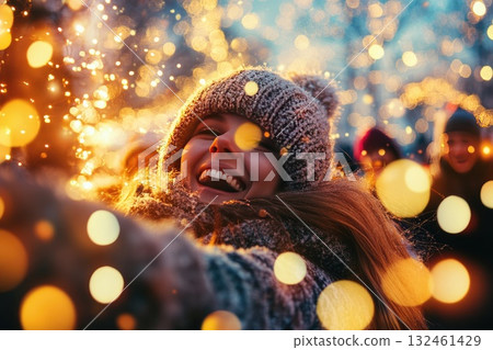 Outdoor winter leisure with friends on snowy surface. Soft winter clothes textures and calm, playful energy. 132461429