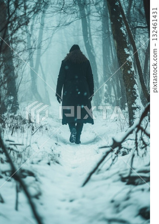 Winter forest with faceless man in long coat. Soft snow and muted colors evoke serenity and introspection. 132461431