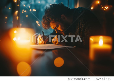 Candlelight glows on wooden table as man writes. Calm evening atmosphere filled with mindfulness and peace. 132461440