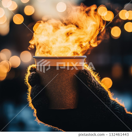 Close up of hands holding steaming coffee cup. Soft light and gentle atmosphere captured in one frame. 132461443