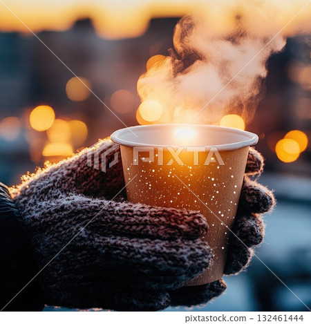 Close up of hands holding steaming coffee cup. Soft light and gentle atmosphere captured in one frame. 132461444