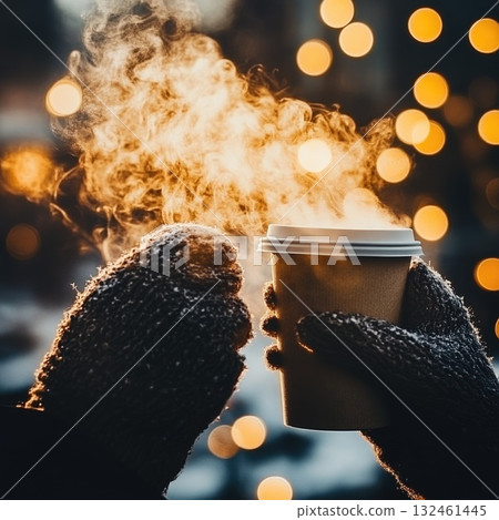 Warm beverage in hands on a neutral background. The calm ritual of slow living and comfort. 132461445