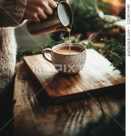 Closeup of steaming coffee filling a ceramic cup. A tactile and cozy home scene. Closeup of steaming coffee filling a ceramic cup. A tactile and cozy home scene. 132461446