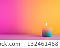 One candle in a smooth holder on neutral background. A study in light, calm, and space. 132461488