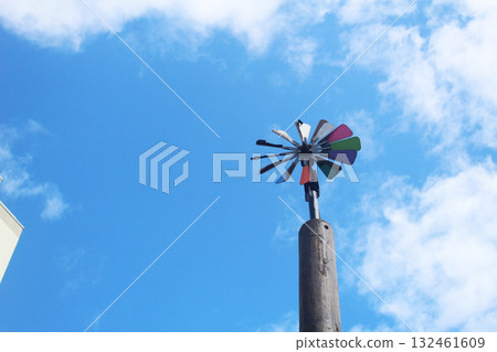 Windmill wind direction indicator against blue sky background Windmill wind direction indicator against blue sky background 132461609