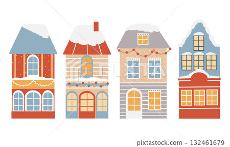 A set of winter vector houses in Scandinavian retro style. Vintage hand-drawn cartoon clip art collection. Vector flat illustrations of Christmas houses isolated on white background 132461679