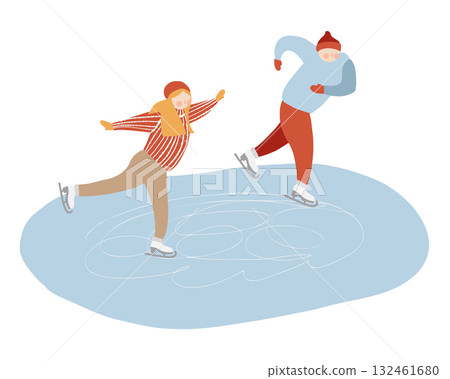 Outdoor skating rink with people skating. Man and woman on the rink, vector flat illustration. Winter sport clipart isolated on white background Outdoor skating rink with people skating. Man and woman on the rink, vector flat illustration. Winter sport clipart isolated on white background 132461680