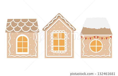 A set of cute winter gingerbread houses. Stylized Christmas market tents. Christmas stalls vector flat clipart. Illustrations of houses isolated on white background 132461681