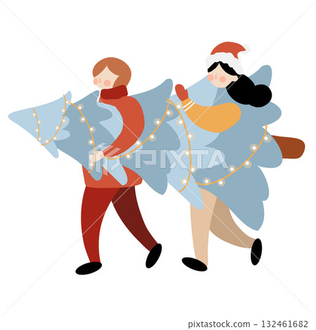 People carrying a Christmas tree. A man and a woman with a Christmas tree. Christmas people, vector flat illustration. Vector winter clipart isolated on white background 132461682