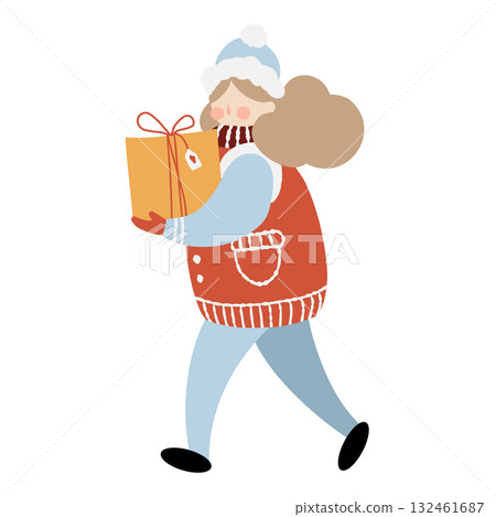 A woman in winter clothing carries a large box of Christmas gifts. Illustration of a girl with a gift. Vector flat clipart isolated on a white background 132461687