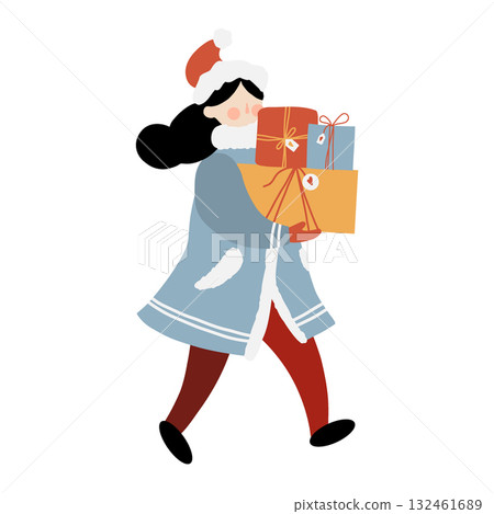A woman in winter clothing carries boxes of Christmas presents. Illustration of a girl with gifts. Vector flat clipart isolated on a white background 132461689