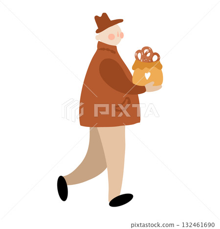 An adult man in a hat and coat carries a bag of baked goods. Vector color flat illustration of a man with bagels. Simple clipart isolated on a white background 132461690