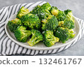 Freshly cooked fried broccoli in a golden crispy breading. The dish was served on a stylish ceramic plate and lay on a cloth napkin in cages. Suitable for food blogs, restaurant menus. Healthy eating 132461767