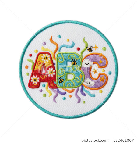 Playful and colorful embroidered patch featuring alphabet letters A, B, and C. This happy and whimsical embroidery design is perfect for learning and children craft Playful and colorful embroidered patch featuring alphabet letters A, B, and C. This happy and whimsical embroidery design is perfect for learning and children craft 132461807