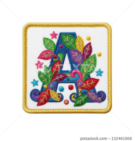 Cheerful embroidered patch of alphabet letter A. This colorful embroidery applique decoration has vibrant and playful design, perfect for any craft project 132461808