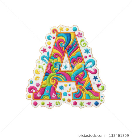 Playful embroidery design of an embroidered patch alphabet letter with vivid colors. cheerful, abstract pattern perfect for crafting, decoration, and creative projects Playful embroidery design of an embroidered patch alphabet letter with vivid colors. cheerful, abstract pattern perfect for crafting, decoration, and creative projects 132461809